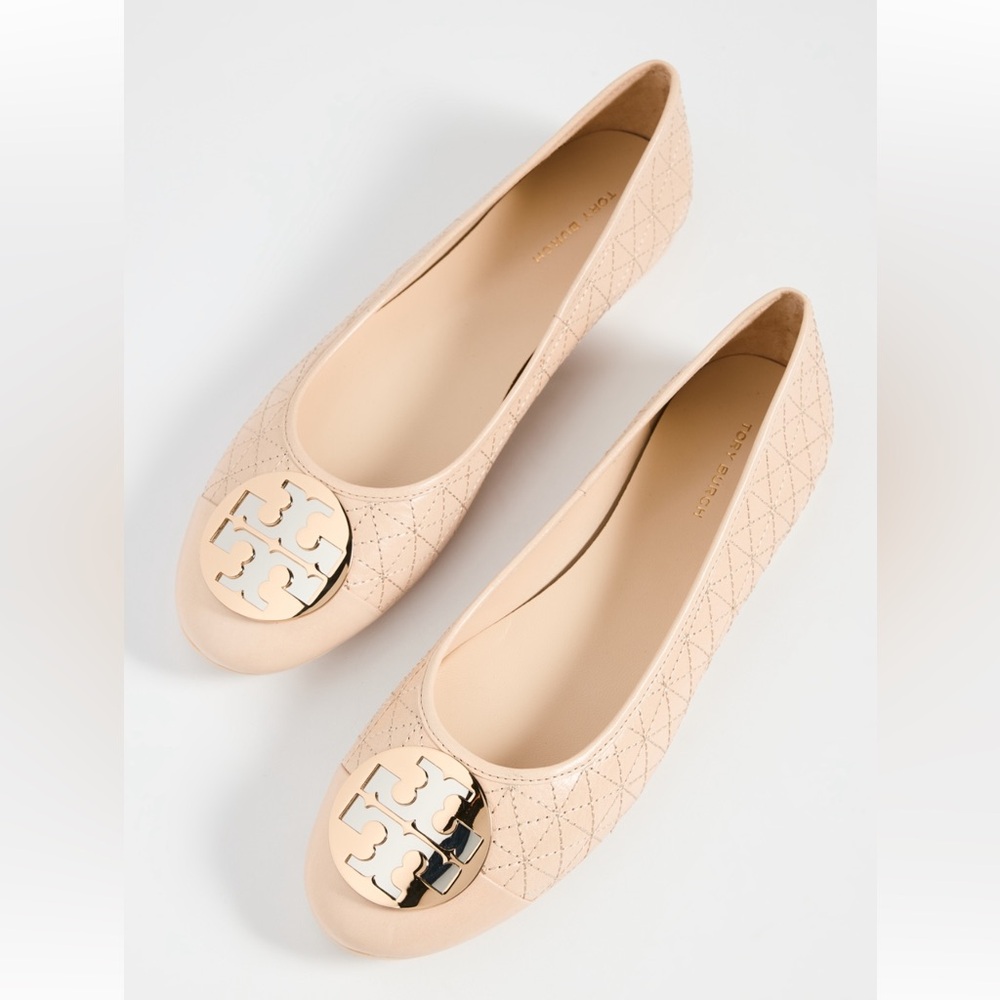 Tory Burch Quilted Ballet Flats in Blush with Gold Logo